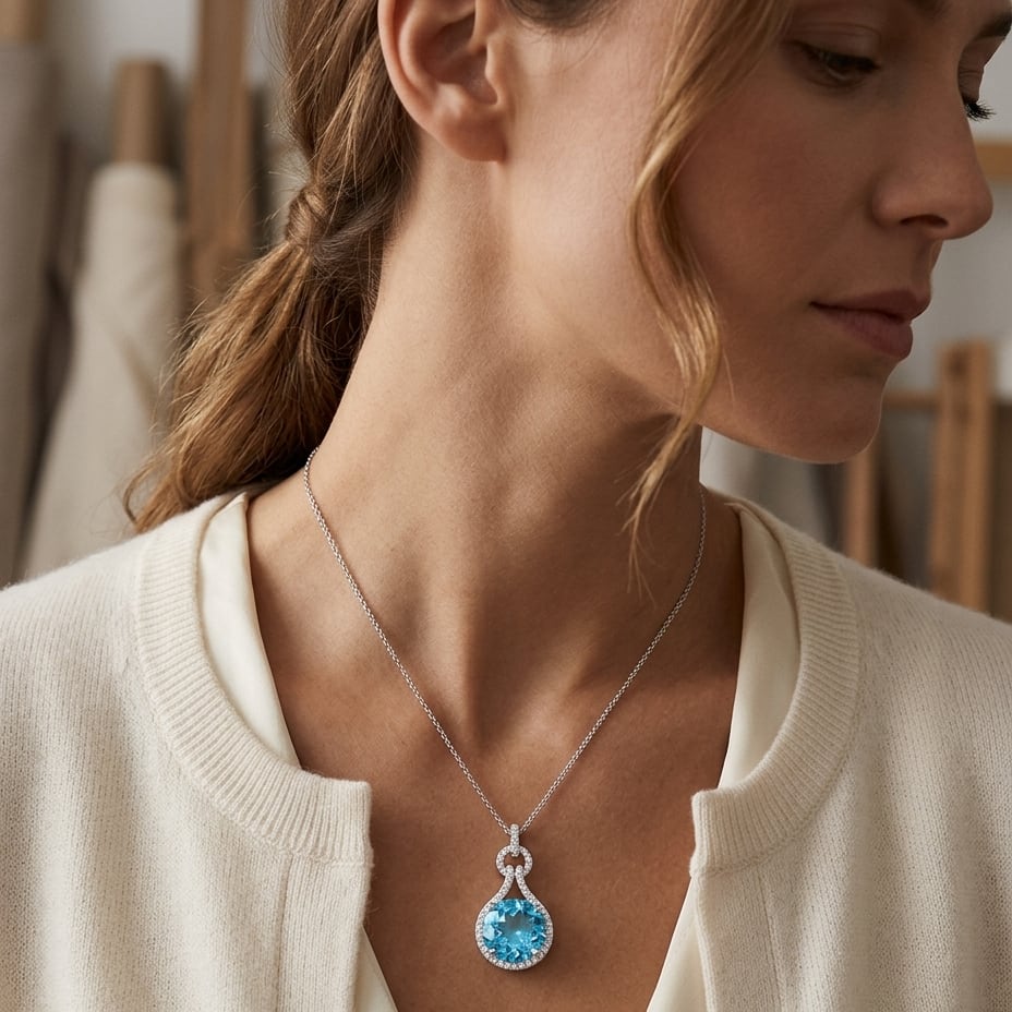 Blue Topaz & Diamond Doorknocker Pendant in 14K White Gold - editorial