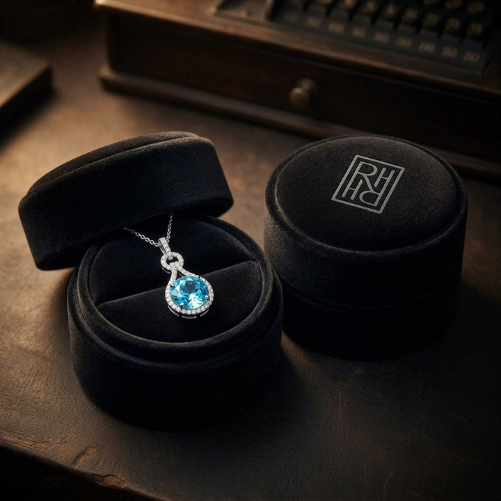 Blue Topaz & Diamond Doorknocker Pendant in 14K White Gold - presentation