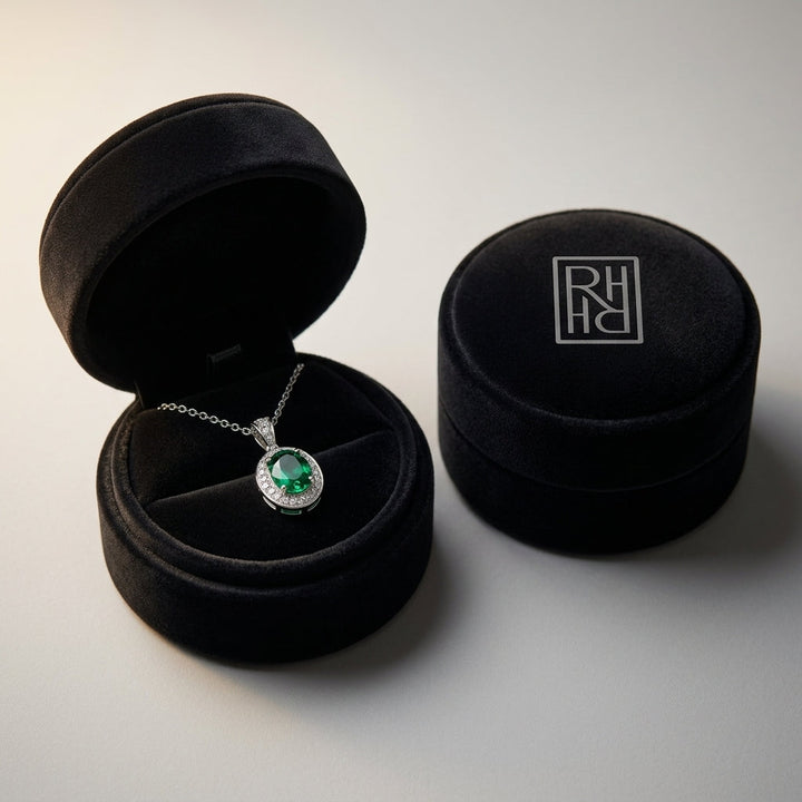 Emerald & Diamond Oval Halo Pendant 16 in Rolo Chain in 14K White Gold - presentation