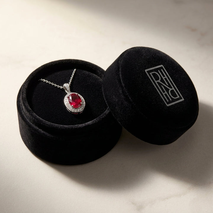 Ruby Oval & Diamond Pendant in 14K White Gold - presentation