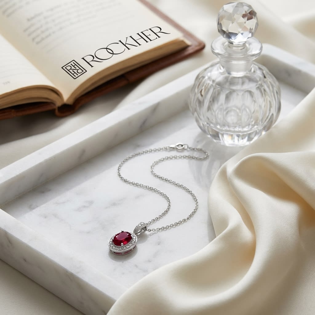 Ruby Oval Pendant in 14K White Gold, on marble vanity tray with silk