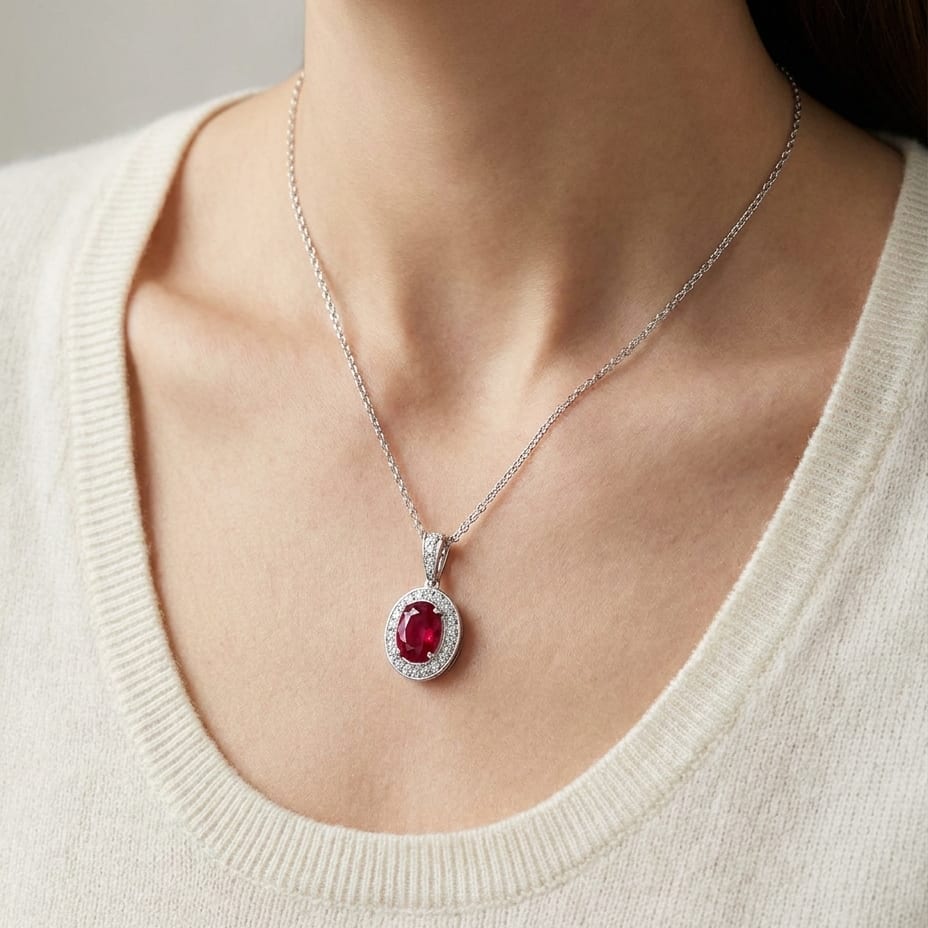 Ruby Oval Pendant in 14K White Gold, worn close-up portrait