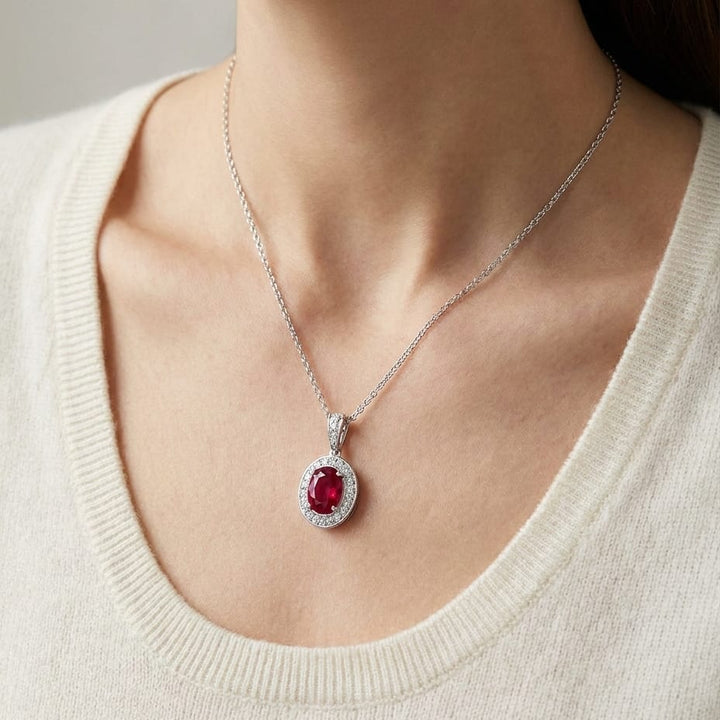 Ruby Oval Pendant in 14K White Gold, worn close-up portrait