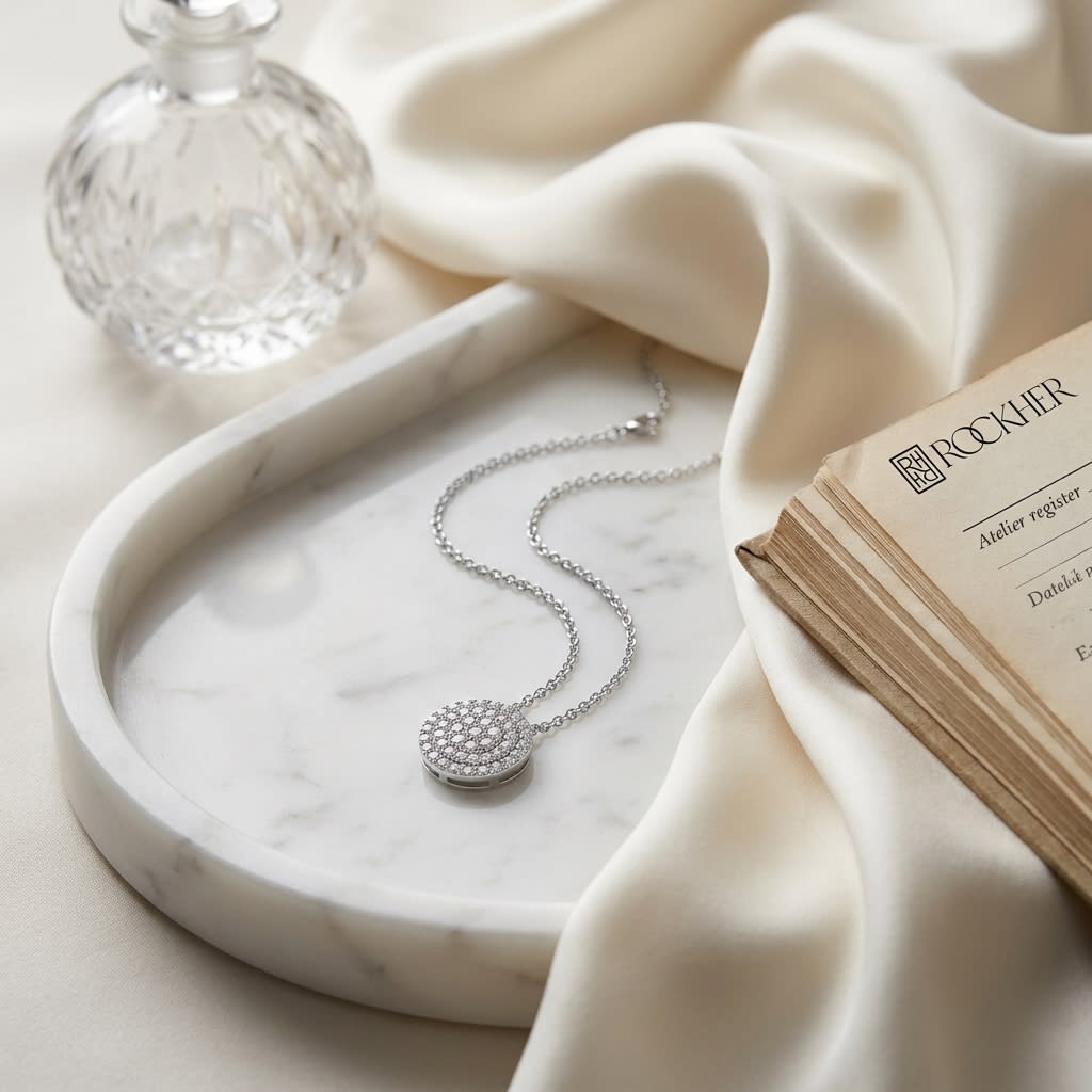Natural Diamond Round Brilliant Pendant in 14K White Gold, on marble vanity tray with silk