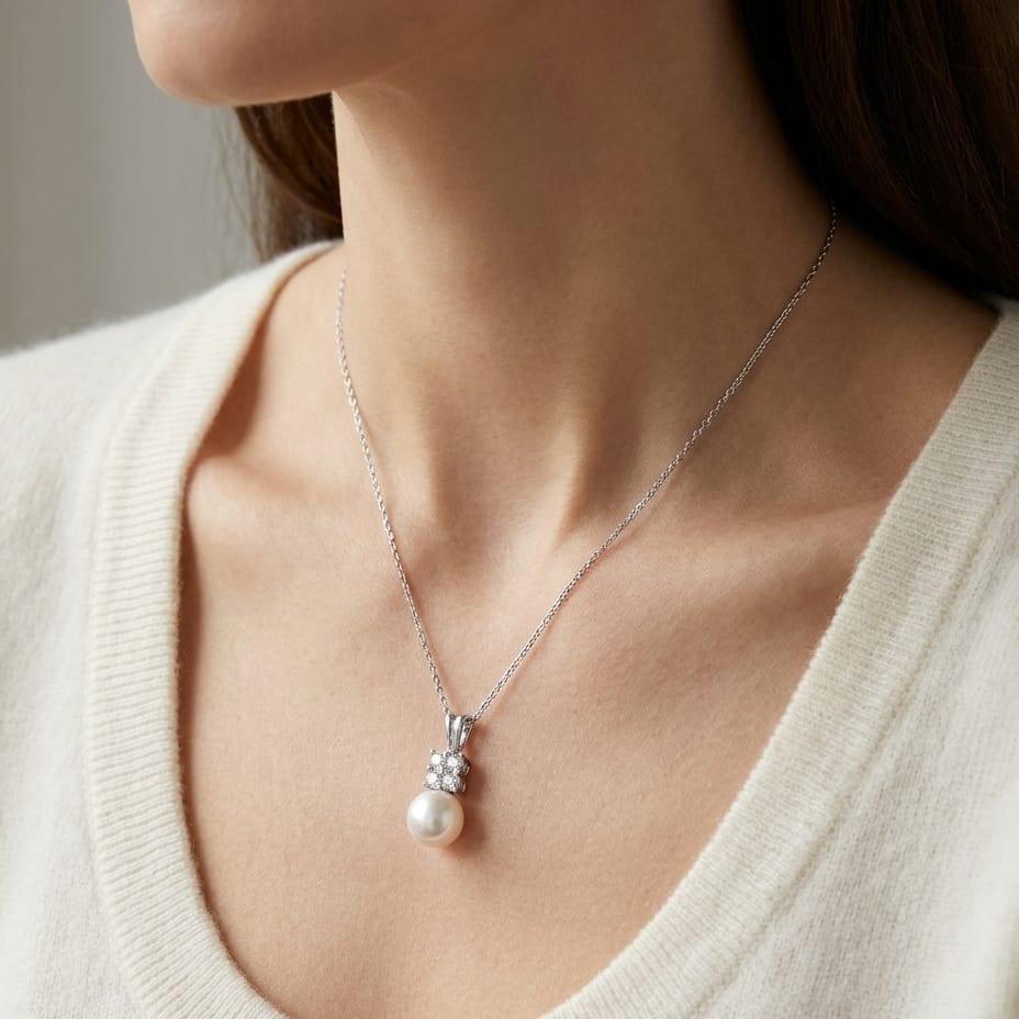 Pearl Pear Shape Pendant in 14K White Gold, worn close-up portrait