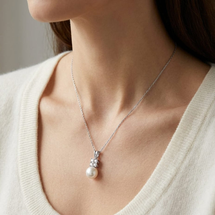 Pearl Pear Shape Pendant in 14K White Gold, worn close-up portrait