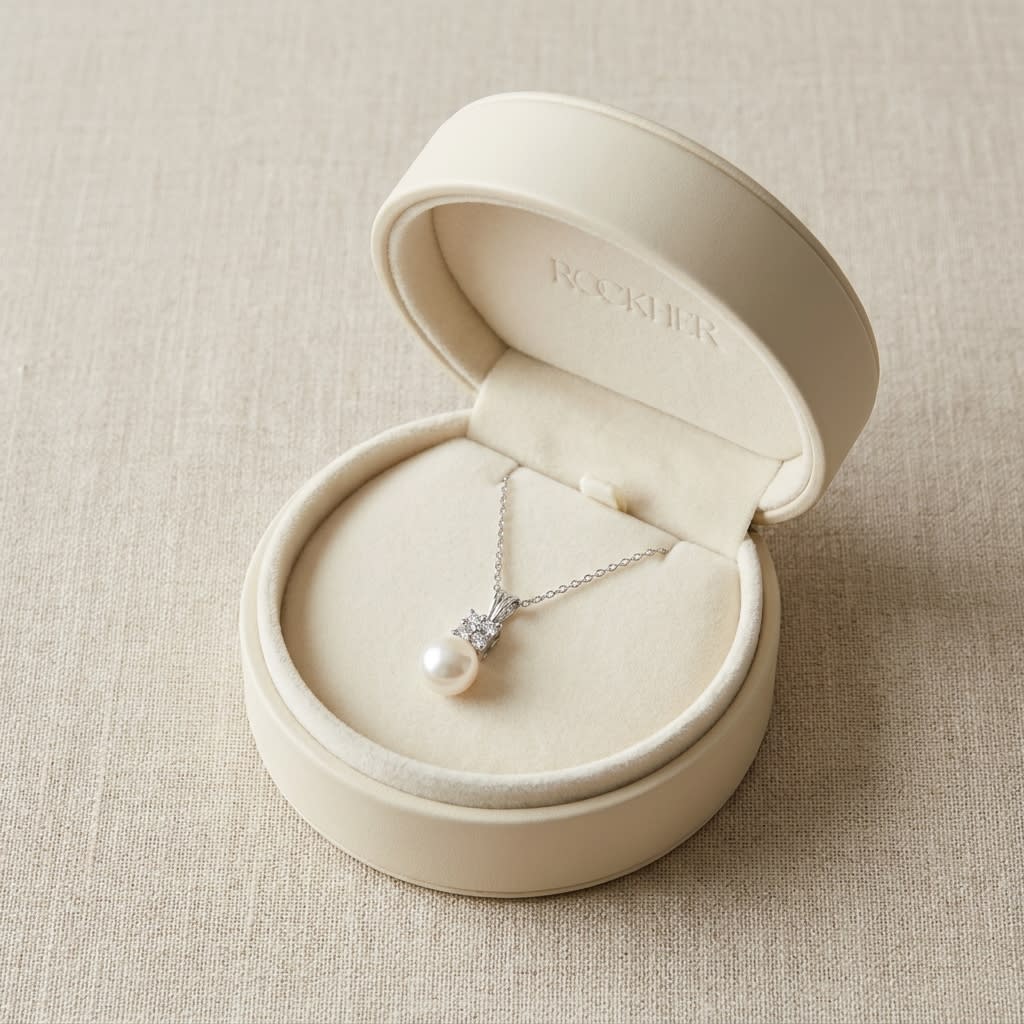 Pearl Pear Shape Pendant in 14K White Gold, in navy velvet jewelry box