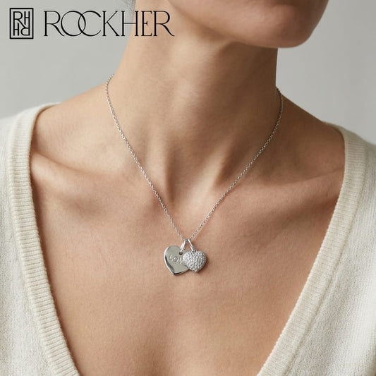 Natural Diamond Heart Shape Pendant in 14K White Gold, worn close-up portrait