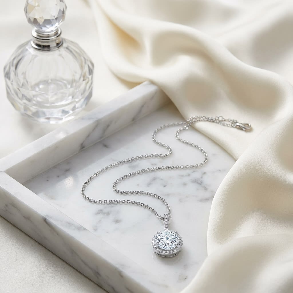 Natural Diamond Round Brilliant Halo Pendant in 14K White Gold, 1 ct. t.w., on marble vanity tray with silk