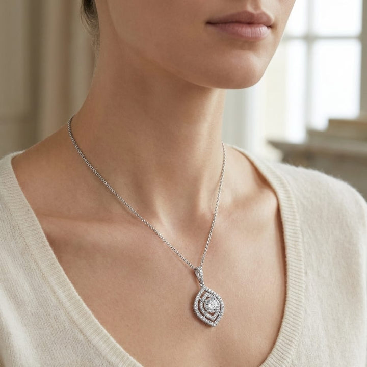 Natural Diamond Marquise Pendant in 14K White Gold, worn close-up portrait