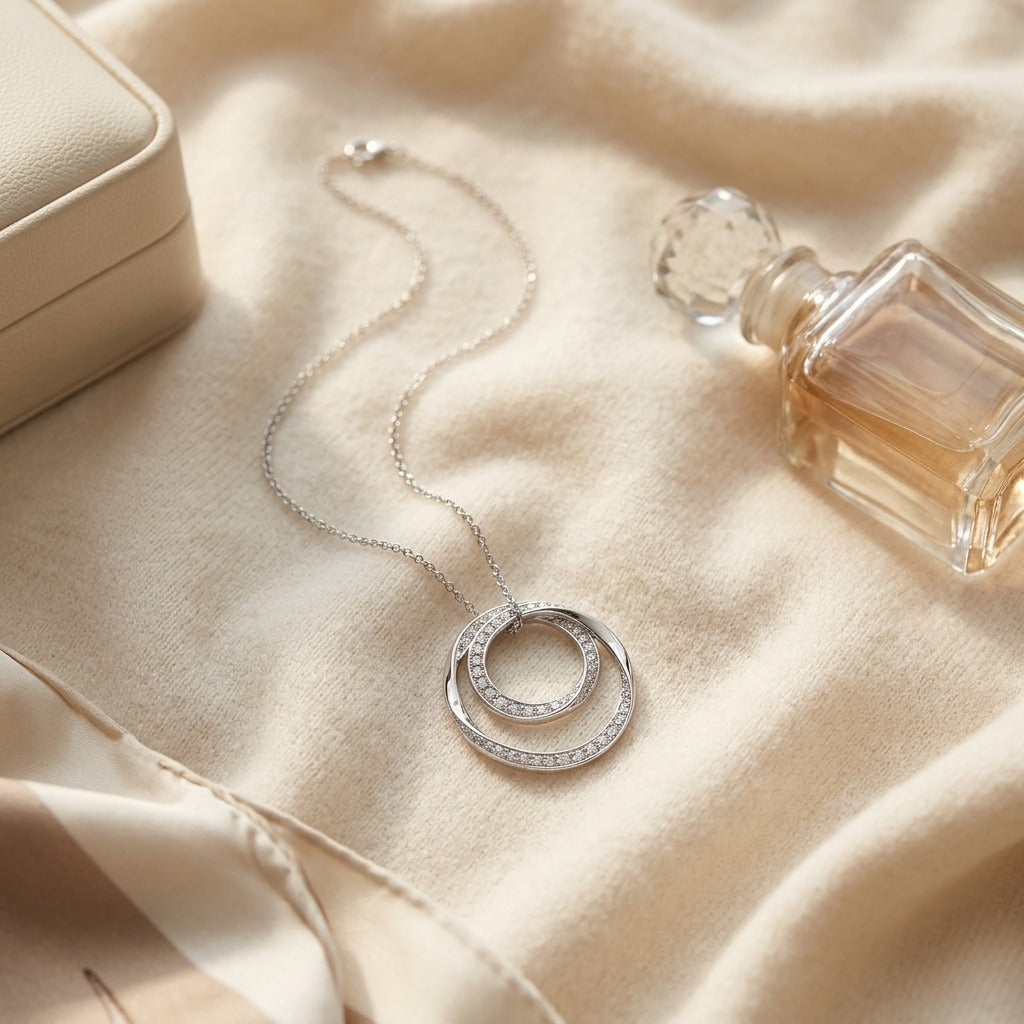 Diamond Double Loop Circle Pendant 1/2ctw in 14K White Gold - flat lay
