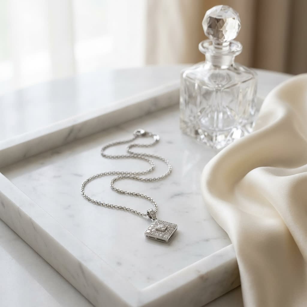 Diamond Cluster Pendant in 14K White Gold, 0.75ct, on marble vanity tray with silk