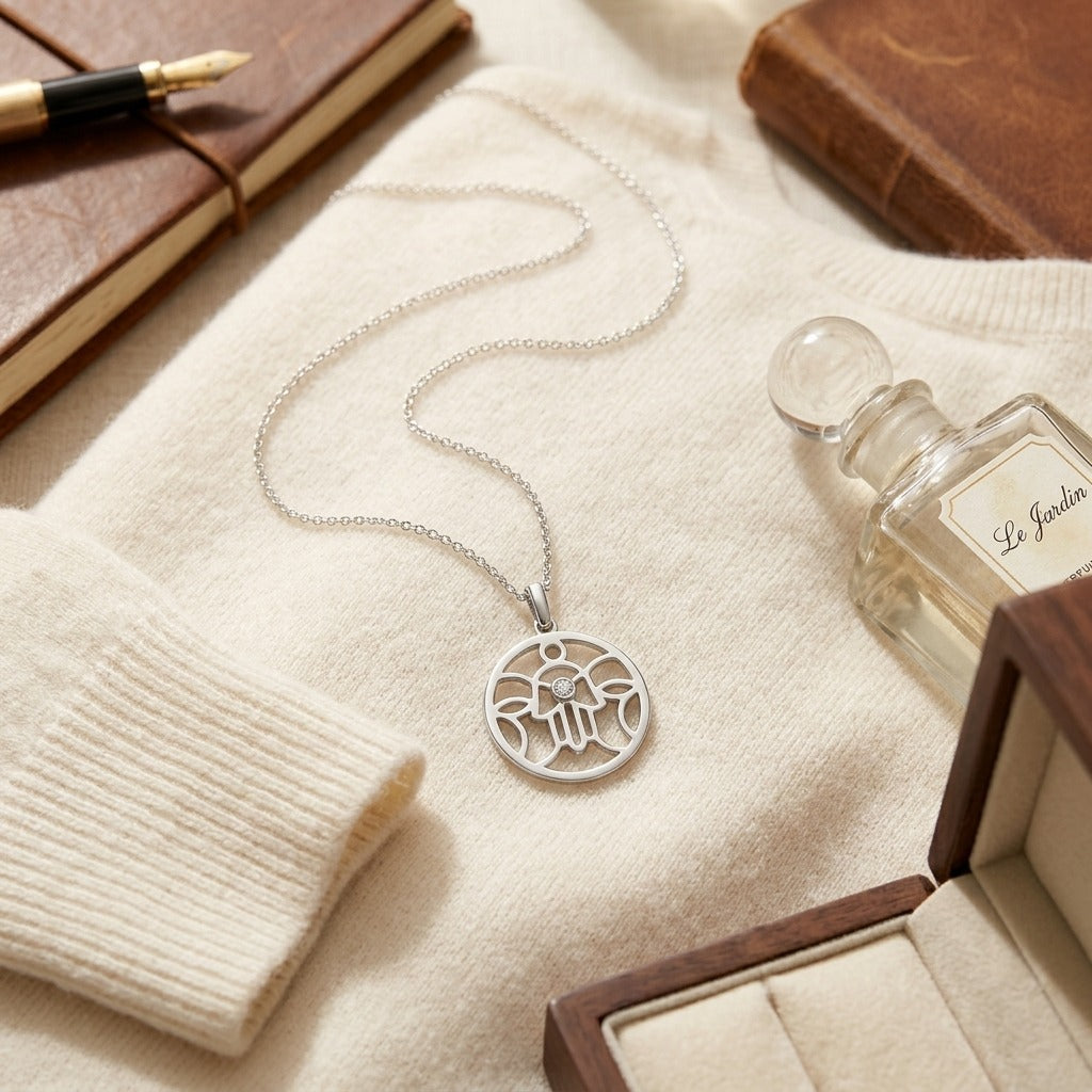 Diamond Khamsa Circle Pendant in 14K White Gold - flat lay