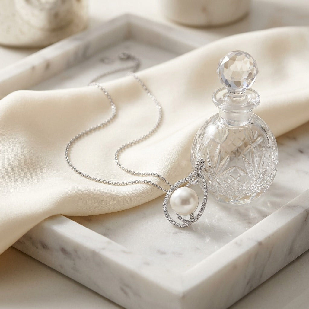 Freshwater Pearl & Diamond Swirl Pendant in 14K White Gold - editorial