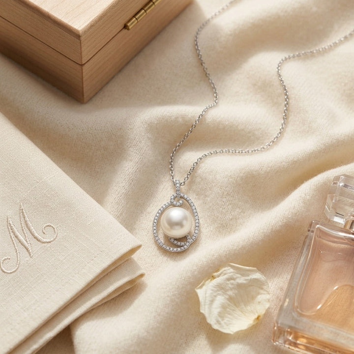 Freshwater Pearl & Diamond Swirl Pendant in 14K White Gold - flat lay