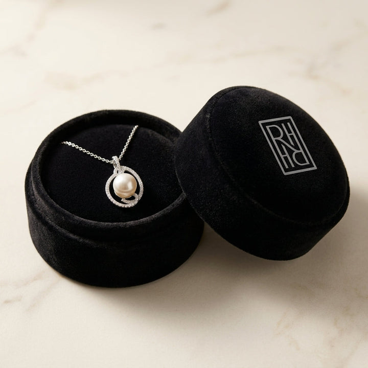 Freshwater Pearl & Diamond Swirl Pendant in 14K White Gold - presentation