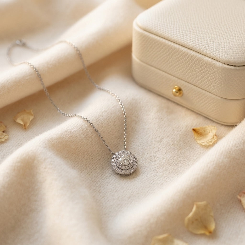 Diamond Double Halo Circle Pendant in 14K White Gold - flat lay