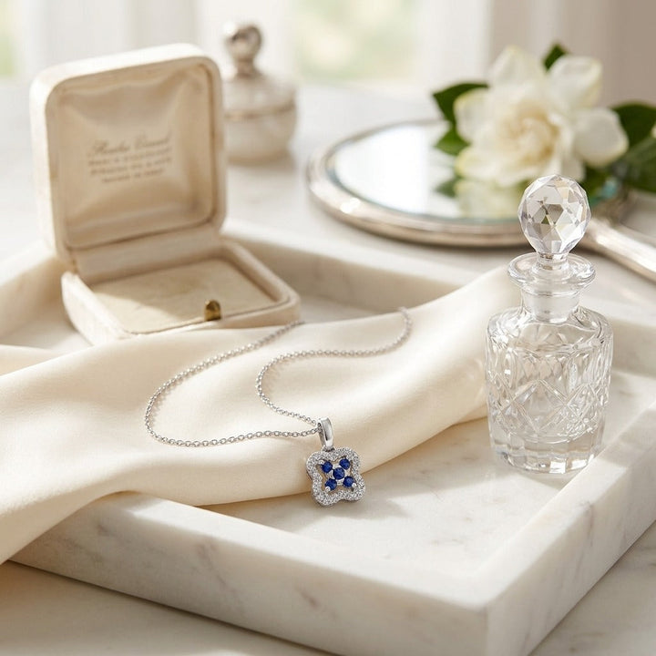Sapphire & Diamond Floral Petal Pendant in 14K White Gold - lifestyle