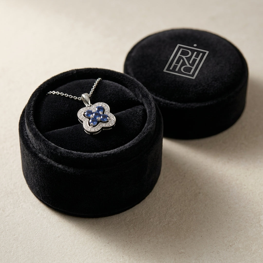 Sapphire & Diamond Floral Petal Pendant in 14K White Gold - presentation