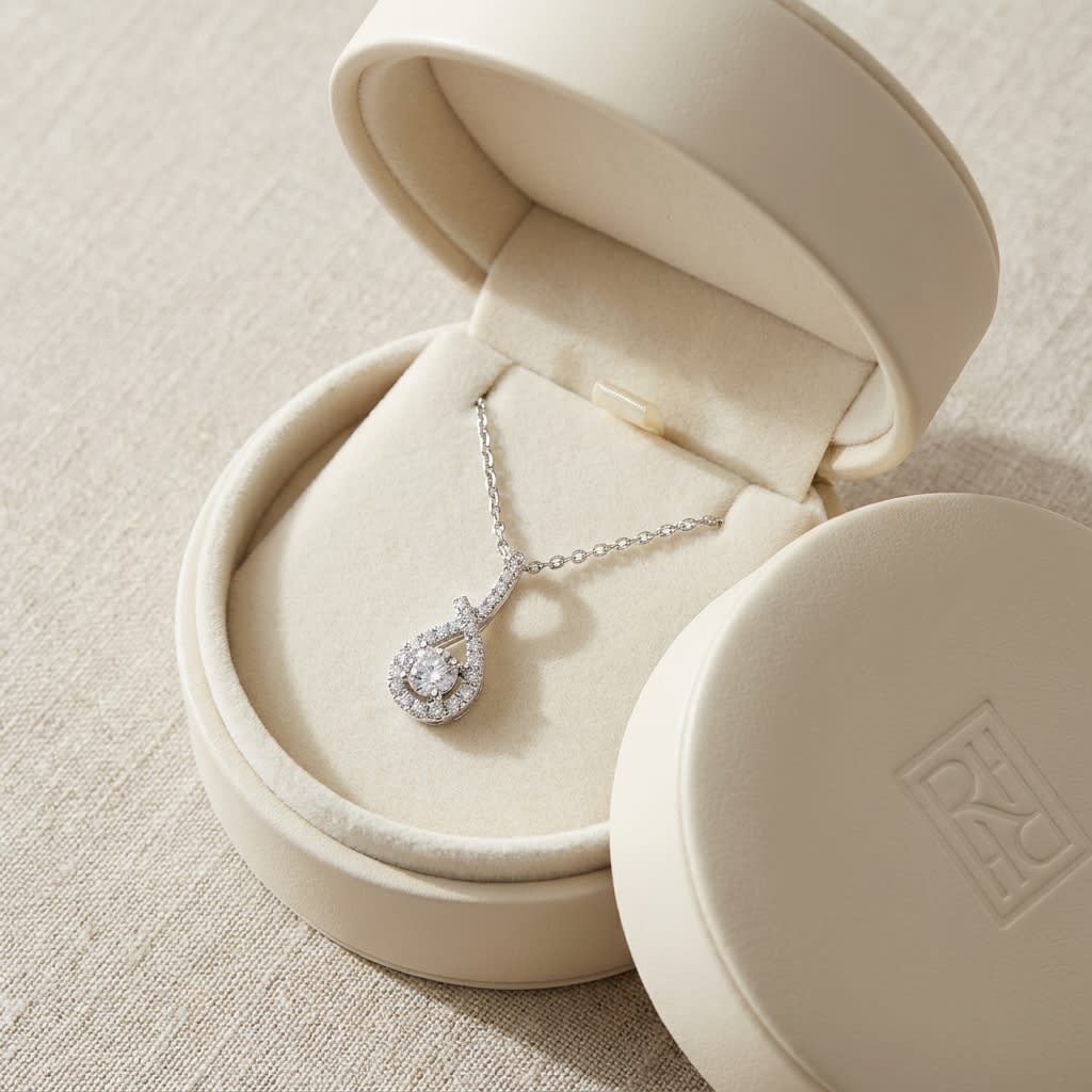 Natural Diamond Round Brilliant Pendant in 14K White Gold, in navy velvet jewelry box