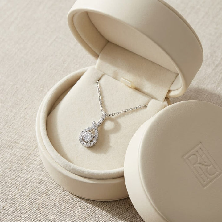 Natural Diamond Round Brilliant Pendant in 14K White Gold, in navy velvet jewelry box