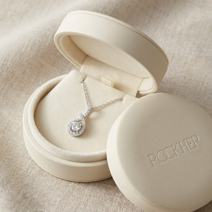 Natural Diamond Round Brilliant Pendant in 14K White Gold, in navy velvet jewelry box