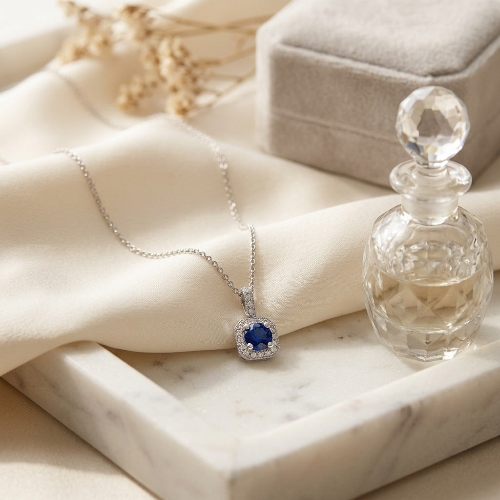 Sapphire & Diamond Halo Pendant 17 in Curb Chain in 14K White Gold - lifestyle