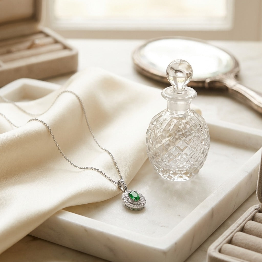 Tsavorite & Diamond Double Oval Halo Pendant 17 in Curb Chain in 14K White Gold - lifestyle