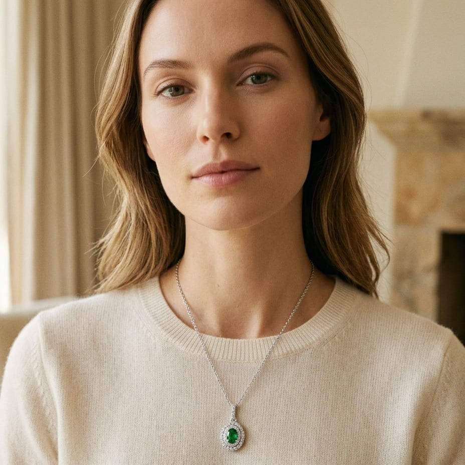 Tsavorite & Diamond Double Oval Halo Pendant 17 in Curb Chain in 14K White Gold - editorial