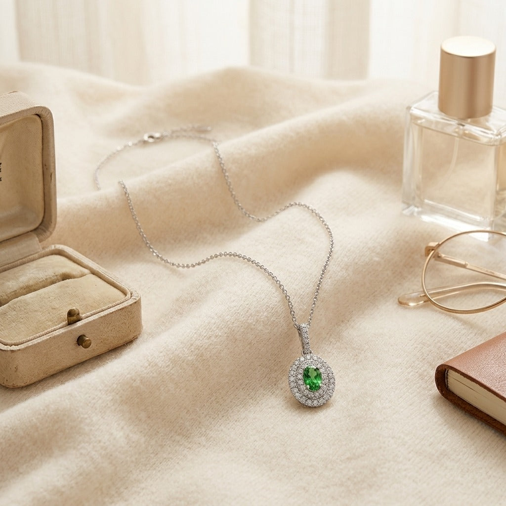 Tsavorite & Diamond Double Oval Halo Pendant 17 in Curb Chain in 14K White Gold - flat lay