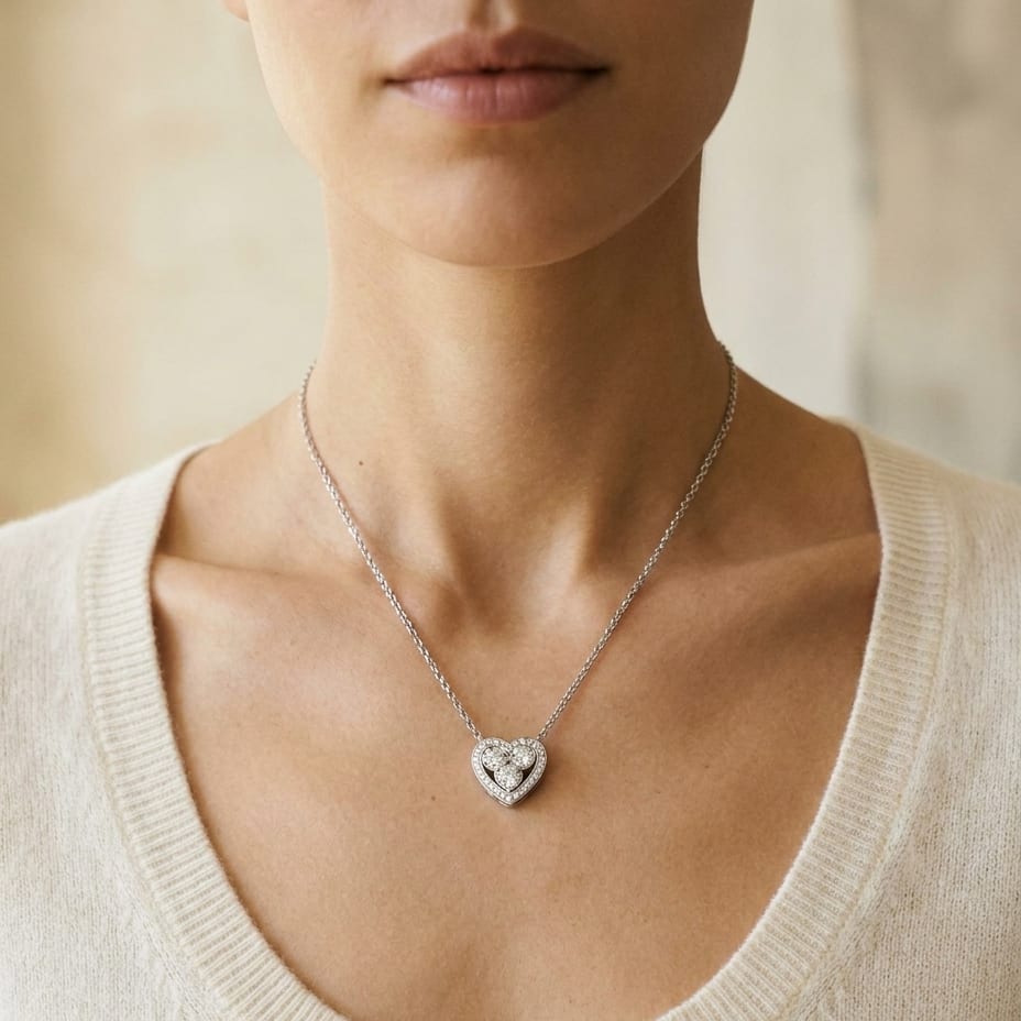 Heart Diamond Pendant in 14K White Gold, 0.39ct, worn close-up portrait