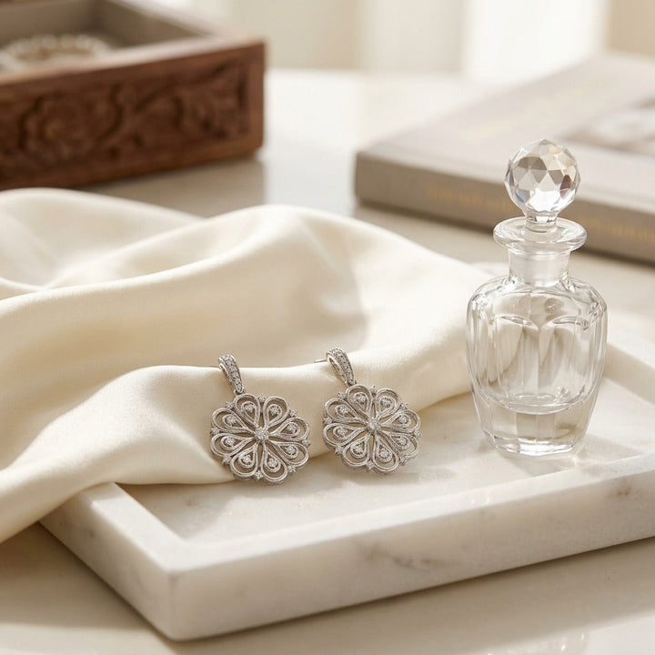 Diamond Floral Pendant 1/7ctw, 18in Rolo Chain in 14K White Gold - lifestyle
