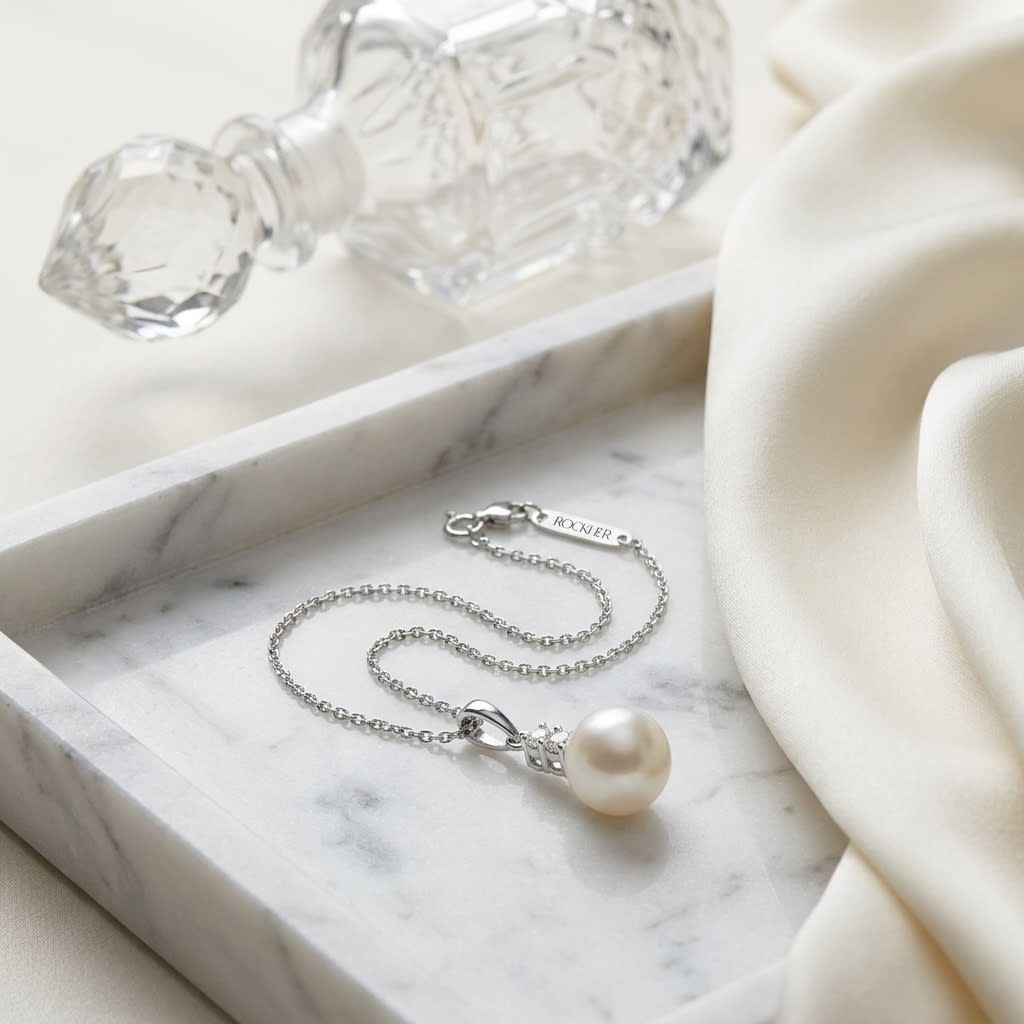 Cultured Pearl Pear Shape Pendant in 14K White Gold, on marble vanity tray with silk
