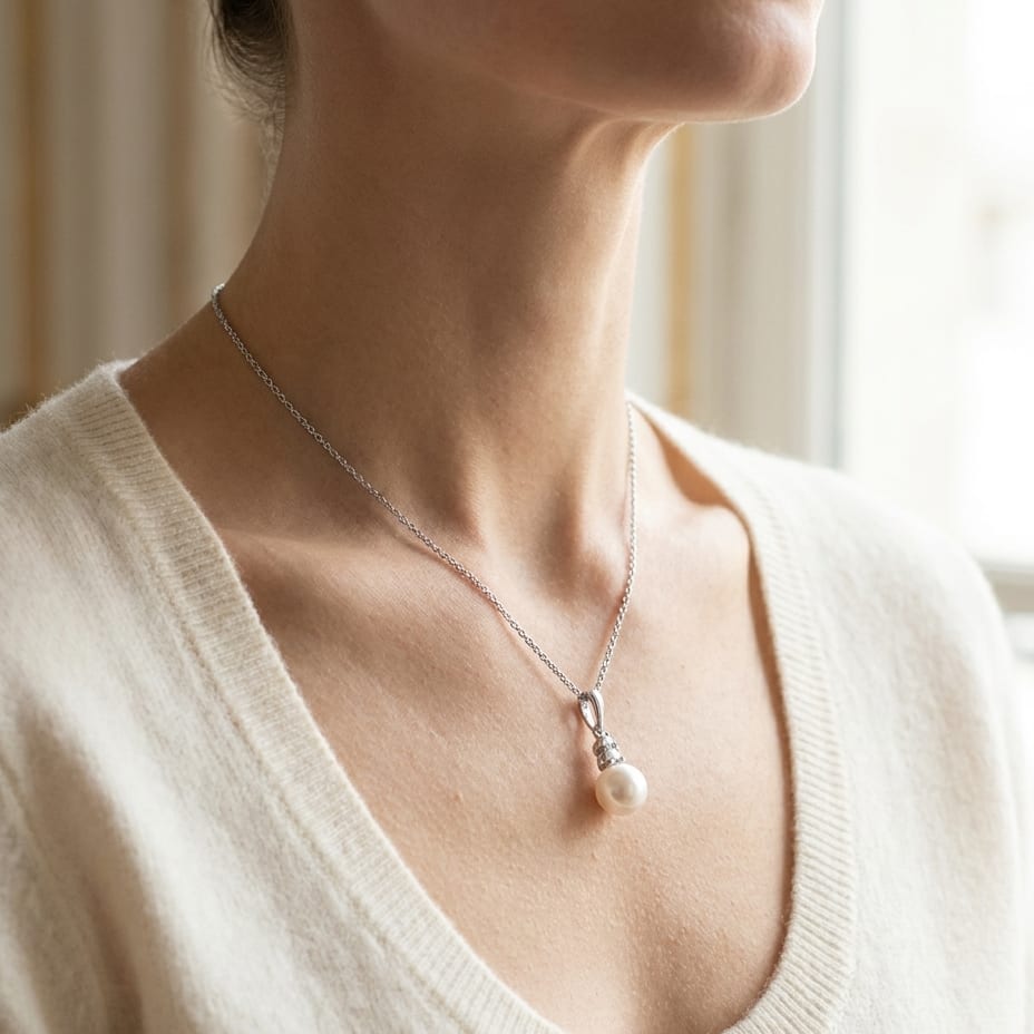 Cultured Pearl Pear Shape Pendant in 14K White Gold, worn close-up portrait