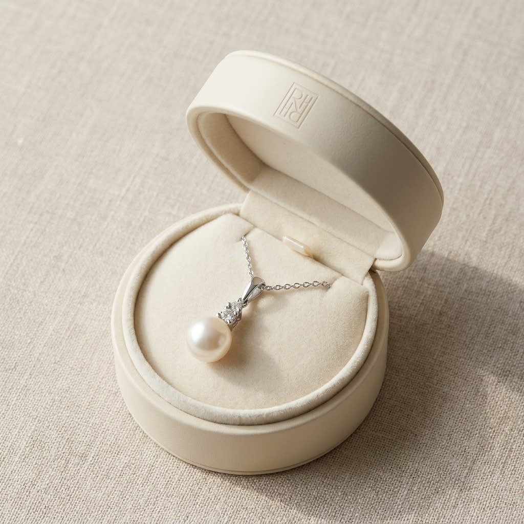 Cultured Pearl Pear Shape Pendant in 14K White Gold, in navy velvet jewelry box