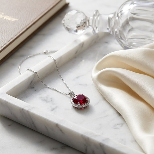 Garnet, Orange Sapphire & Diamond Halo Pendant in 14K White Gold - editorial
