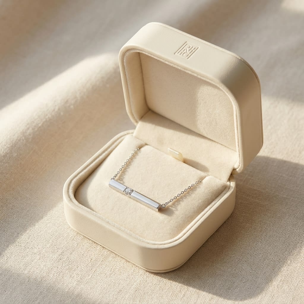 Diamond Bar Necklace in 14K White Gold 0.10ctw, in navy velvet jewelry box