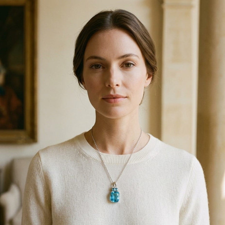 Swiss Blue Topaz & Diamond Pendant with Color-Accent Bail in 14K White Gold - lifestyle