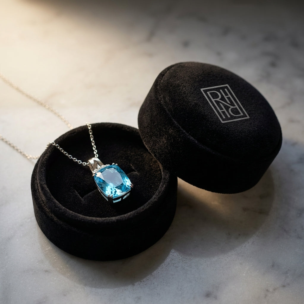 Swiss Blue Topaz & Diamond Pendant with Color-Accent Bail in 14K White Gold - presentation
