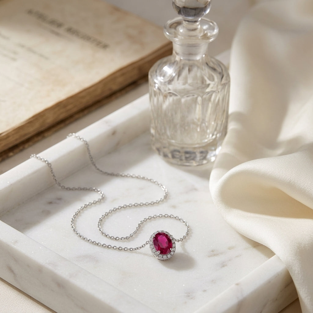Rhodolite Garnet & Diamond Oval Halo Slide Pendant 18-20in Adjustable Chain in 14K White Gold - lifestyle