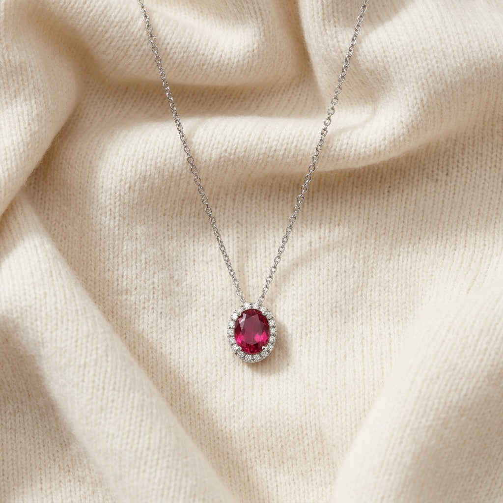 Rhodolite Garnet & Diamond Oval Halo Slide Pendant 18-20in Adjustable Chain in 14K White Gold - flat lay