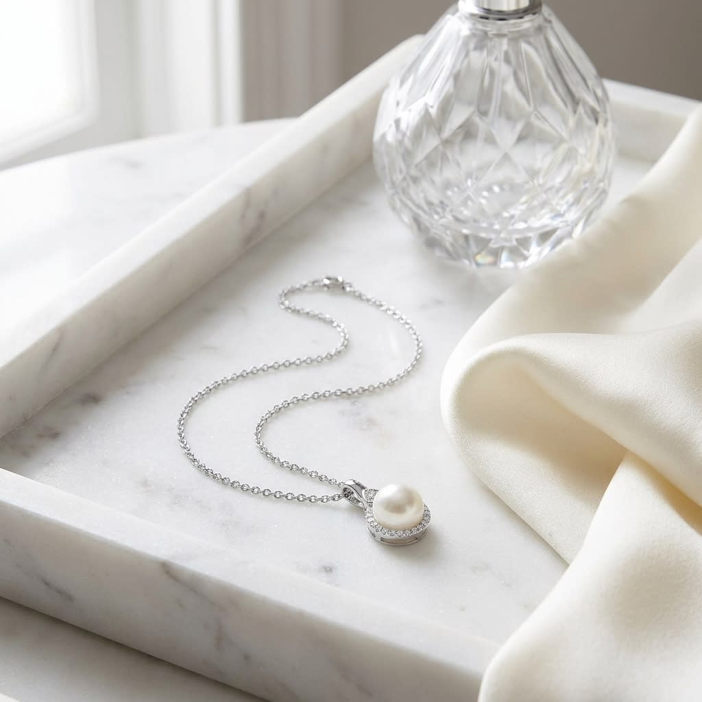 Freshwater Pearl Pear Shape Halo Pendant in 14K White Gold, on marble vanity tray with silk