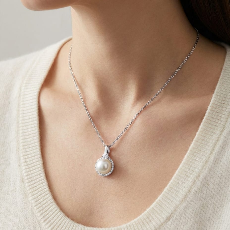 Freshwater Pearl Pear Shape Halo Pendant in 14K White Gold, worn close-up portrait