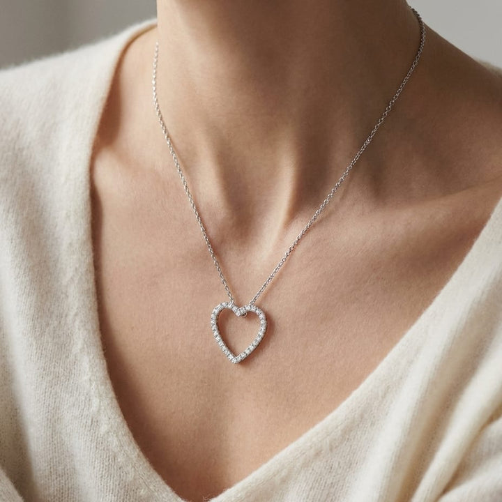Diamond Heart Pendant in 14K White Gold, worn close-up portrait
