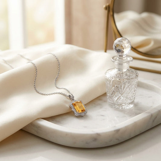 Citrine Emerald Cut & Diamond Pendant in 14K White Gold - editorial