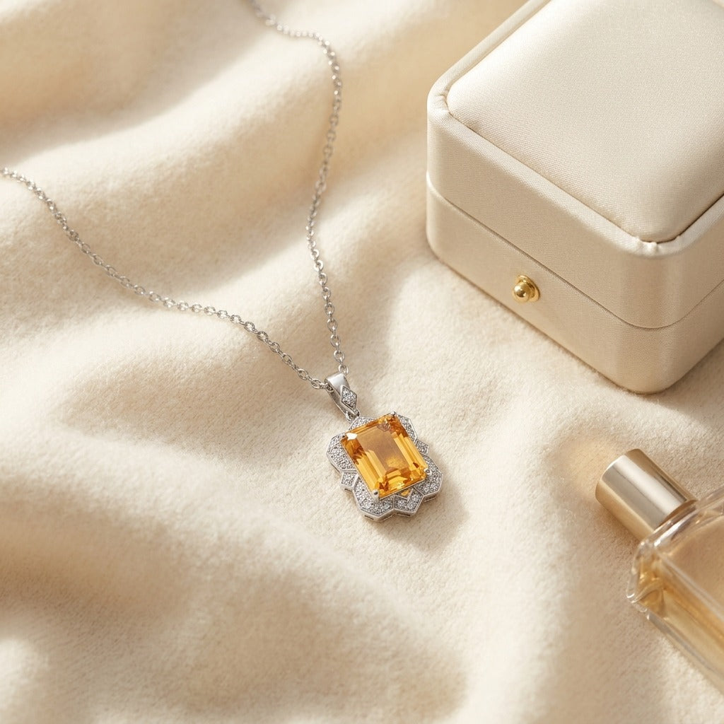 Citrine Emerald Cut & Diamond Pendant in 14K White Gold - flat lay