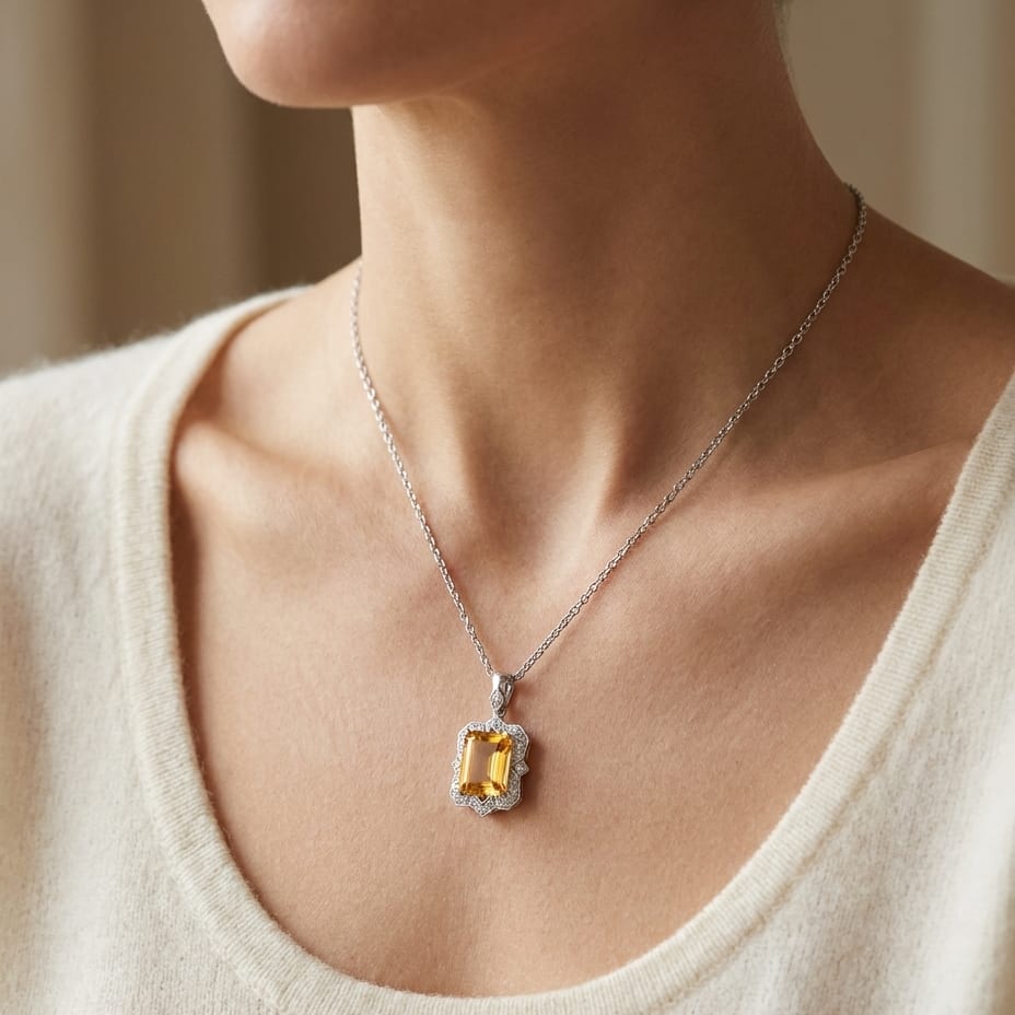 Citrine Emerald Cut Pendant in 14K White Gold, worn close-up portrait