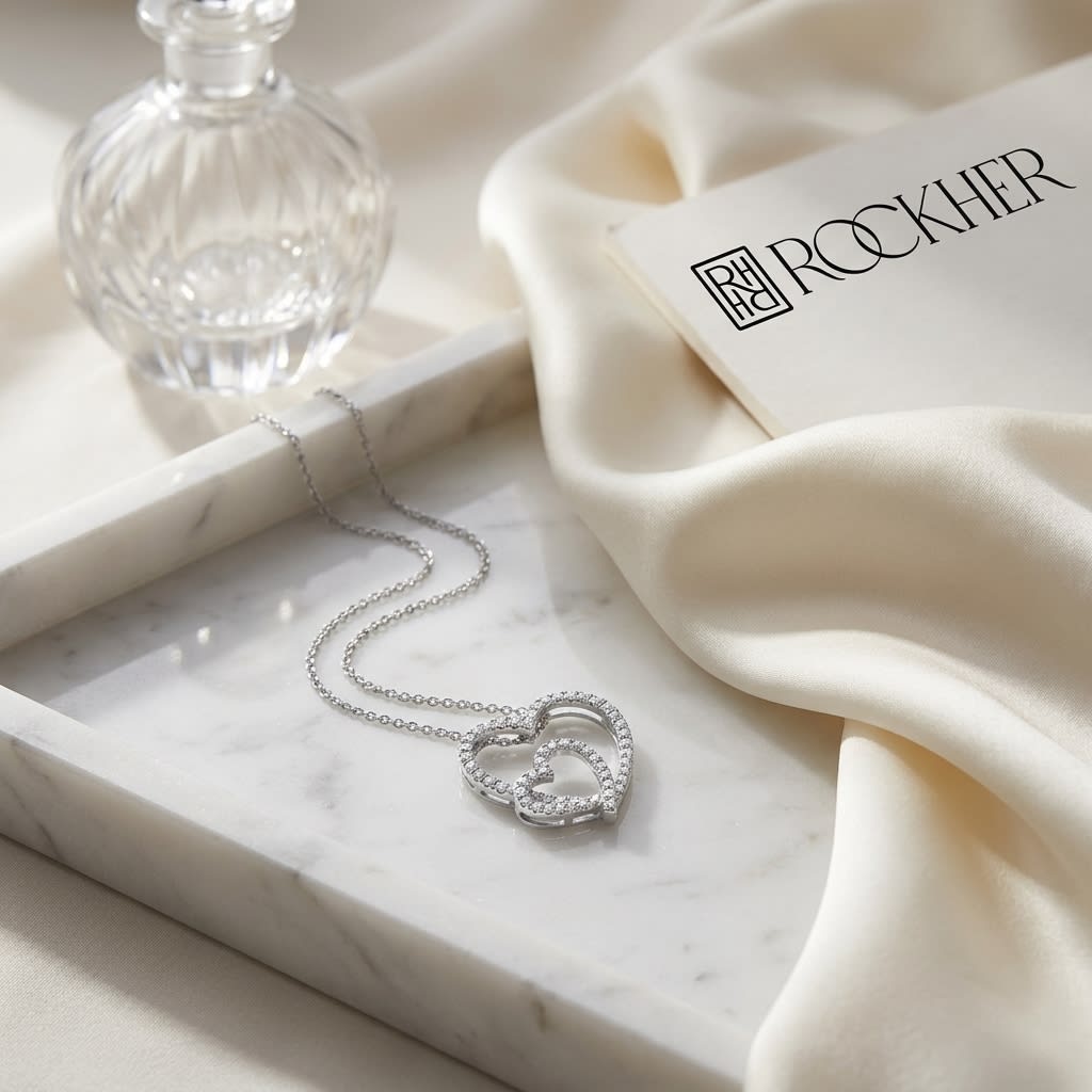 Natural Diamond Heart Shape Pendant in 14K White Gold, 3 ct. t.w., on marble vanity tray with silk
