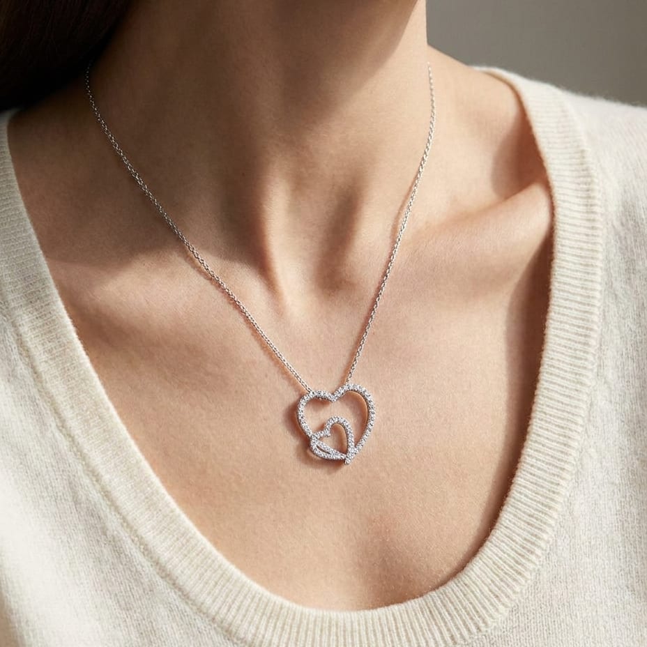 Natural Diamond Heart Shape Pendant in 14K White Gold, 3 ct. t.w., worn close-up portrait