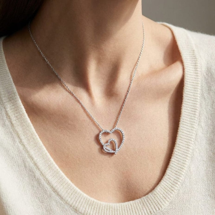 Natural Diamond Heart Shape Pendant in 14K White Gold, 3 ct. t.w., worn close-up portrait